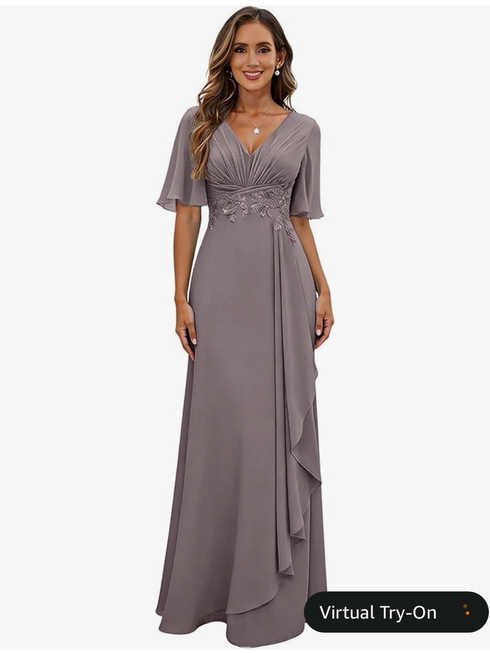 Elegant V-Neck Flutter Sleeve Evening Gown - Taupe